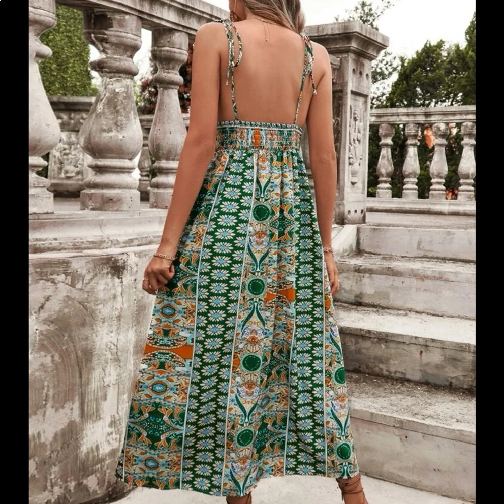 Boho Floral Paisley Print Smocked Waist Cami Dress GREEN - Picture 4 of 4